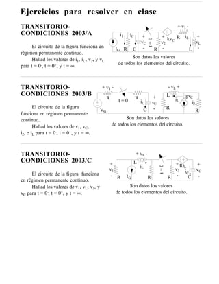 Ejercicios para resolver en clase
TRANSITORIO-                                                                                    + v3 -
CONDICIONES 2003/A                                      i1    iC  +                        +
                                                                           + kv R iL




                                                                            t=0
                                                                                 C
                                                                 vC        v2              vL
      El circuito de la figura funciona en           IG R C -          R -               L -
régimen permanente continuo.
      Hallad los valores de i1, iC, v2, y vL                 Son datos los valores
                                                      de todos los elementos del circuito.
para t = 0-, t = 0+, y t = ∞.



TRANSITORIO-                               + v1 -                                          - vL +
CONDICIONES 2003/B                                                              +          L        gvC
                                                R                  R                           iL
                                                       t=0             iC       vC                     i2
       El circuito de la figura                                                  -         R
                                           VG                           C                                   R
funciona en régimen permanente
continuo.                                                  Son datos los valores
       Hallad los valores de v1, vC,                de todos los elementos del circuito.
i2, e iL para t = 0-, t = 0+, y t = ∞.



TRANSITORIO-                                                       + vL -
CONDICIONES 2003/C                              +                  L                         + Ri           +
                                                                                     t=0
                                                                       iL                        L
                                                v1                                           v3 i           vC
     El circuito de la figura funciona                                                            C
                                                 - R         IG             R              R -     C         -
en régimen permanente continuo.
     Hallad los valores de v1, vL, v3, y                    Son datos los valores
vC para t = 0-, t = 0+, y t = ∞.                     de todos los elementos del circuito.
 