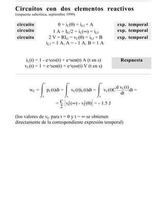 Circuitos con dos elementos reactivos
(respuesta subcrítica, septiembre 1999)

 circuito                    0 = iL(0) = iLf + A                      exp. temporal
 circuito                 1 A = IG/2 = iL(∞) = iLf                    exp. temporal
 circuito               2 V = RIG = vC(0) = iLf + B                   exp. temporal
                      iLf = 1 A, A = - 1 A, B = 1 A


       iL(t) = 1 - e-tcos(t) + e-tsen(t) A (t en s)                     Respuesta
      vC(t) = 1 + e-tsen(t) + e-tcos(t) V (t en s)


                  ∞                ∞                     ∞
                                                                      d vC(t)
         wC =         pC(t)dt =        vC(t)iC(t)dt =        vC(t)C           dt =
                                                                        dt
                 0                0                     0


                          = C v2 (∞) - vC(0) = - 1.5 J
                               C
                                        2
                            2

(los valores de vC para t = 0 y t = ∞ se obtienen
directamente de la correspondiente expresión temporal)
 