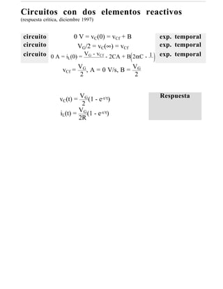 Circuitos con dos elementos reactivos
(respuesta crítica, diciembre 1997)


 circuito           0 V = vC(0) = vCf + B            exp. temporal
 circuito            VG/2 = vC(∞) = vCf              exp. temporal
 circuito 0 A = i (0) = VG - vCf - 2CA + B 2αC - 1   exp. temporal
                 L


                    vCf = VG , A = 0 V/s, B = VG
                          2                   2


                  vC(t) = VG (1 - e-t/τ)             Respuesta
                           2
                  iL(t) = VG (1 - e-t/τ)
                          2R
 