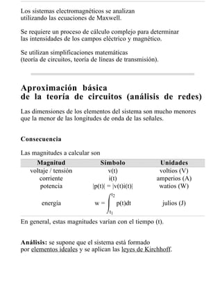Los sistemas electromagnéticos se analizan
utilizando las ecuaciones de Maxwell.

Se requiere un proceso de cálculo complejo para determinar
las intensidades de los campos eléctrico y magnético.

Se utilizan simplificaciones matemáticas
(teoría de circuitos, teoría de líneas de transmisión).



Aproximación básica
de la teoría de circuitos (análisis de redes)
Las dimensiones de los elementos del sistema son mucho menores
que la menor de las longitudes de onda de las señales.


Consecuencia

Las magnitudes a calcular son
     Magnitud                 Símbolo                  Unidades
   voltaje / tensión              v(t)                 voltios (V)
       corriente                   i(t)               amperios (A)
       potencia            |p(t)| = |v(t)i(t)|         watios (W)
                                     t2
        energía               w=          p(t)dt          julios (J)
                                    t1

En general, estas magnitudes varían con el tiempo (t).


Análisis: se supone que el sistema está formado
por elementos ideales y se aplican las leyes de Kirchhoff.
 