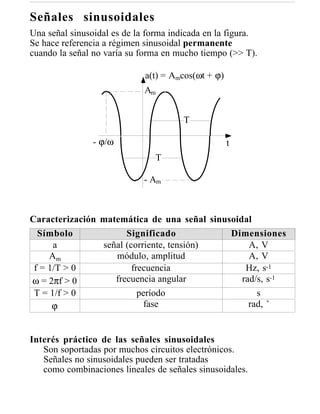 Señales sinusoidales
Una señal sinusoidal es de la forma indicada en la figura.
Se hace referencia a régimen sinusoidal permanente
cuando la señal no varía su forma en mucho tiempo (>> T).

                             a(t) = Amcos(ωt + ϕ)
                             Am


                                       T

                - ϕ/ω                               t
                                T

                             - Am



Caracterización matemática de una señal sinusoidal
  Símbolo             Significado            Dimensiones
      a         señal (corriente, tensión)        A, V
     Am            módulo, amplitud               A, V
 f = 1/T > 0            frecuencia               Hz, s-1
ω = 2πf > 0        frecuencia angular           rad/s, s-1
 T = 1/f > 0              período                   s
      ϕ                     fase                  rad, ˚


Interés práctico de las señales sinusoidales
   Son soportadas por muchos circuitos electrónicos.
   Señales no sinusoidales pueden ser tratadas
   como combinaciones lineales de señales sinusoidales.
 