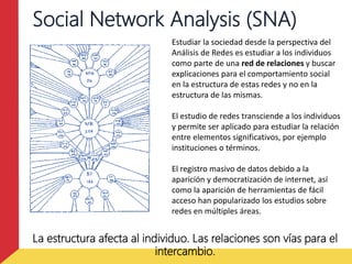Estudiar la sociedad desde la perspectiva del
Análisis de Redes es estudiar a los individuos
como parte de una red de rela...