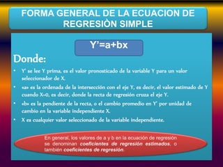 FORMA GENERAL DE LA ECUACION DE
REGRESIÒN SIMPLE
Donde:
• Y’ se lee Y prima, es el valor pronosticado de la variable Y para un valor
seleccionador de X.
• «a» es la ordenada de la intersección con el eje Y, es decir, el valor estimado de Y
cuando X=0, es decir, donde la recta de regresión cruza el eje Y.
• «b» es la pendiente de la recta, o el cambio promedio en Y’ por unidad de
cambio en la variable independiente X.
• X es cualquier valor seleccionado de la variable independiente.
Y’=a+bx
En general, los valores de a y b en la ecuación de regresión
se denominan coeficientes de regresión estimados, o
también coeficientes de regresión.
 
