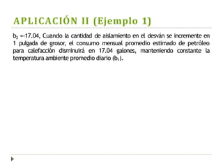 APLICACIÓN II (Ejemplo 1)
b2 =-17.04, Cuando la cantidad de aislamiento en el desván se incremente en
1 pulgada de grosor, el consumo mensual promedio estimado de petróleo
para calefacción disminuirá en 17.04 galones, manteniendo constante la
temperatura ambiente promedio diario (b1).
 