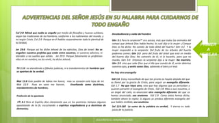 PRIMER
A
HEREJIA
JESUCRISTO EL VERDADERO DIOS
Desobediencia y caída del hombre
Gén 3:1 Pero la serpiente(A) era astuta, más que todos los animales del
campo que Jehová Dios había hecho; la cual dijo a la mujer: ¿Conque
Dios os ha dicho: No comáis de todo árbol del huerto? Gén 3:2 Y la
mujer respondió a la serpiente: Del fruto de los árboles del huerto
podemos comer; Gén 3:3 pero del fruto del árbol que está en medio
del huerto dijo Dios: No comeréis de él, ni le tocaréis, para que no
muráis. Gén 3:4 Entonces la serpiente dijo a la mujer: No moriréis;
Gén 3:5 sino que sabe Dios que el día que comáis de él, serán abiertos
vuestros ojos, y seréis como Dios, sabiendo el bien y el mal.
No hay otro evangelio
Gál 1:6 Estoy maravillado de que tan pronto os hayáis alejado del que
os llamó por la gracia de Cristo, para seguir un evangelio diferente.
Gál 1:7 No que haya otro, sino que hay algunos que os perturban y
quieren pervertir el evangelio de Cristo. Gál 1:8 Mas si aun nosotros, o
un ángel del cielo, os anunciare otro evangelio diferente del que os
hemos anunciado, sea anatema. Gál 1:9 Como antes hemos dicho,
también ahora lo repito: Si alguno os predica diferente evangelio del
que habéis recibido, sea anatema.
Col 2:8 Mirad que nadie os engañe por medio de filosofías y huecas sutilezas,
según las tradiciones de los hombres, conforme a los rudimentos del mundo, y
no según Cristo. Col 2:9 Porque en él habita corporalmente toda la plenitud de
la Deidad,
Jer 29:8 Porque así ha dicho Jehová de los ejércitos, Dios de Israel: No os
engañen vuestros profetas que están entre vosotros, ni vuestros adivinos; ni
atendáis a los sueños que soñáis. Jer 29:9 Porque falsamente os profetizan
ellos en mi nombre; no los envié, ha dicho Jehová.
Sal 119:160 La suma de tu palabra es verdad, Y eterno es todo
juicio de tu justicia.
Tit 1:14 no atendiendo a fábulas judaicas, ni a mandamientos de hombres que
se apartan de la verdad.
Mat 15:8 Este pueblo de labios me honra; mas su corazón está lejos de mí.
Mat 15:9 Pues en vano me honran, Enseñando como doctrinas,
mandamientos de hombres.
Predicción de la apostasía
1Ti 4:1 Pero el Espíritu dice claramente que en los postreros tiempos algunos
apostatarán de la fe, escuchando a espíritus engañadores y a doctrinas de
demonios;
 