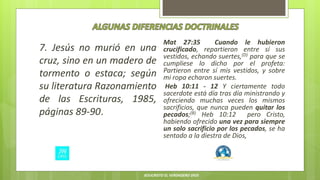 7. Jesús no murió en una
cruz, sino en un madero de
tormento o estaca; según
su literatura Razonamiento
de las Escrituras, 1985,
páginas 89-90.
Mat 27:35 Cuando le hubieron
crucificado, repartieron entre sí sus
vestidos, echando suertes,(D) para que se
cumpliese lo dicho por el profeta:
Partieron entre sí mis vestidos, y sobre
mi ropa echaron suertes.
Heb 10:11 - 12 Y ciertamente todo
sacerdote está día tras día ministrando y
ofreciendo muchas veces los mismos
sacrificios, que nunca pueden quitar los
pecados;(B) Heb 10:12 pero Cristo,
habiendo ofrecido una vez para siempre
un solo sacrificio por los pecados, se ha
sentado a la diestra de Dios,
JESUCRISTO EL VERDADERO DIOS
 