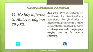 11. No hay infierno,
La Atalaya, páginas
79 y 80.
Apo 21:8 Pero los cobardes e
incrédulos, los abominables y
homicidas, los fornicarios y
hechiceros, los idólatras y todos
los mentirosos tendrán su parte
en el lago que arde con fuego y
azufre, que es la muerte
segunda.
JESUCRISTO EL VERDADERO DIOS
 
