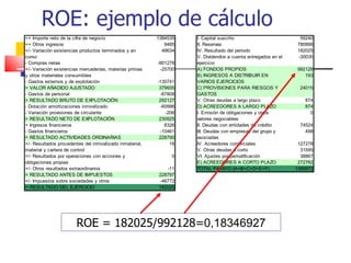 ROE: ejemplo de cálculo ROE = 182025/992128= 0,18346927 