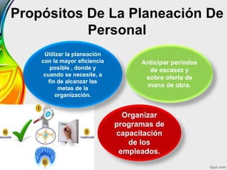 Propósitos De La Planeación De
Personal
Utilizar la planeación
con la mayor eficiencia
posible , donde y
cuando se necesite, a
fin de alcanzar las
metas de la
organización.
Anticipar periodos
de escasez y
sobre oferta de
mano de obra.
Organizar
programas de
capacitación
de los
empleados.
 