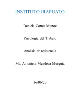 INSTITUTO IRAPUATO
Daniela Cortés Muñoz
Psicología del Trabajo
Analisis de resistencia
Ma. Antonieta Mendoza Murguia
16/06/20
 