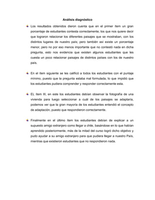 Análisis diagnóstico
Los resultados obtenidos dieron cuenta que en el primer ítem un gran
porcentaje de estudiantes contesta correctamente, los que nos quiere decir
que lograron relacionar los diferentes paisajes que se mostraban, con los
distintos lugares de nuestro país; pero también así existe un porcentaje
menor, pero no por eso menos importante que no contestó nada en dicha
pregunta, esto nos evidencia que existen algunos estudiantes que les
cuesta un poco relacionar paisajes de distintos países con los de nuestro
país.
En el ítem siguiente se les calificó a todos los estudiantes con el puntaje
mínimo, puesto que la pregunta estaba mal formulada, lo que impidió que
los estudiantes pudiera comprender y responder correctamente esta.
EL ítem III, en este los estudiantes debían observar la fotografía de una
vivienda para luego seleccionar a cuál de los paisajes se adaptaría,
podemos ver que la gran mayoría de los estudiantes entendió el concepto
de adaptación, puesto que respondieron correctamente.
Finalmente en el último ítem los estudiantes debían de explicar a un
supuesto amigo extranjero como llegar a chile, basándose en lo que habían
aprendido posteriormente, más de la mitad del curso logró dicho objetivo y
pudo ayudar a su amigo extranjero para que pudiera llegar a nuestro País,
mientras que existieron estudiantes que no respondieron nada.
 