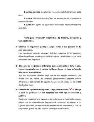 3 puntos: Logrado, los alumnos responden satisfactoriamente cada
ítem.
2 puntos: Medianamente logrado, los estudiantes no completan la
totalidad del ítem.
1 punto: Por lograr, los estudiantes responden insatisfactoriamente
cada ítem.
Ítems para evaluación diagnostica de Historia, Geografía y
Ciencias Sociales.
1) Observa los siguientes paisajes. Luego, indica a qué paisajes de tu
país se parecen.
Los estudiantes deberán observar distintas imágenes donde aparecen
diferentes paisajes, para luego indicar de bajo de cada imagen, a que parte
de nuestro país se parece.
2) Elige uno de los paisajes anteriores que sea diferente al de tu región.
Luego, compáralo con el paisaje del lugar donde tú vives señalando
diferencias y semejanzas.
Aquí los estudiantes deberán elegir uno de los paisajes observado (las
cuales son de países de américa) posteriormente deberán buscar
diferencias y semejanzas de aquella imagen con el paisaje de la cuidad
donde ellos viven.
3) Observa las siguientes fotografías. Luego, marca con un el paisaje
al cual las personas se han adaptado con este tipo de vivienda y
justifica.
Existe una imagen de una vivienda, esta pertenece a un lugar determinado,
puesto que los materiales con los que está construido, se adaptan a un
lugar en específico, el objetivo de los estudiantes es seleccionar, a cuál de
los paisajes que se les da a conocer pertenece dicha vivienda.
 