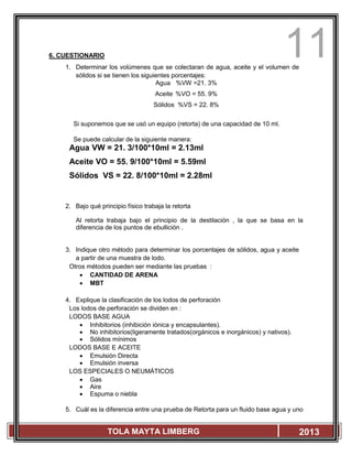 11
TOLA MAYTA LIMBERG 2013
6. CUESTIONARIO
1. Determinar los volúmenes que se colectaran de agua, aceite y el volumen de
sólidos si se tienen los siguientes porcentajes:
Agua %VW =21. 3%
Aceite %VO = 55. 9%
Sólidos %VS = 22. 8%
Si suponemos que se usó un equipo (retorta) de una capacidad de 10 ml.
Se puede calcular de la siguiente manera:
Agua VW = 21. 3/100*10ml = 2.13ml
Aceite VO = 55. 9/100*10ml = 5.59ml
Sólidos VS = 22. 8/100*10ml = 2.28ml
2. Bajo qué principio físico trabaja la retorta
Al retorta trabaja bajo el principio de la destilación , la que se basa en la
diferencia de los puntos de ebullición .
3. Indique otro método para determinar los porcentajes de sólidos, agua y aceite
a partir de una muestra de lodo.
Otros métodos pueden ser mediante las pruebas :
 CANTIDAD DE ARENA
 MBT
4. Explique la clasificación de los lodos de perforación
Los lodos de perforación se dividen en :
LODOS BASE AGUA
 Inhibitorios (inhibición iónica y encapsulantes).
 No inhibitorios(ligeramente tratados(orgánicos e inorgánicos) y nativos).
 Sólidos mínimos
LODOS BASE E ACEITE
 Emulsión Directa
 Emulsión inversa
LOS ESPECIALES O NEUMÁTICOS
 Gas
 Aire
 Espuma o niebla
5. Cuál es la diferencia entre una prueba de Retorta para un fluido base agua y uno
 