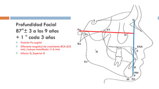 Profundidad Facial 87°± 3 a los 9 aňos + 1 ° cada 3 aňos Posición Po sagital Diferente magnitud de crecimiento BCA (0.8 mm) /cuerpo mandibular (1.6 mm) Inferior D, Superior B 