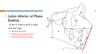 Labio Inferior al Plano Estético    -2 mm ± 2 mm a los 8 ½ años -0.2 mm/ año Equilibrio del perfil Influencia movimiento anterior Estructuras del plano estético 