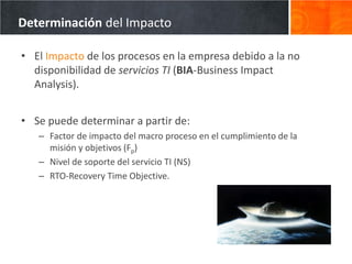 Determinación del Impacto

• El Impacto de los procesos en la empresa debido a la no
  disponibilidad de servicios TI (BIA-Business Impact
  Analysis).


• Se puede determinar a partir de:
   – Factor de impacto del macro proceso en el cumplimiento de la
     misión y objetivos (Fp)
   – Nivel de soporte del servicio TI (NS)
   – RTO-Recovery Time Objective.
 