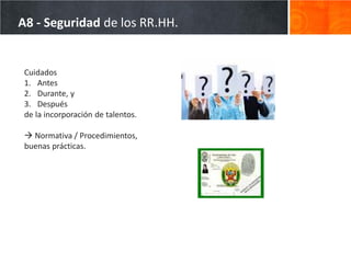 A8 - Seguridad de los RR.HH.


 Cuidados
 1. Antes
 2. Durante, y
 3. Después
 de la incorporación de talentos.

  Normativa / Procedimientos,
 buenas prácticas.
 
