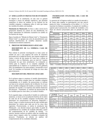 Scientia et Technica Año XIV, No 38, Junio de 2008. Universidad Tecnológica de Pereira. ISSN 0122-1701                                                                311


2.7 SIMULACIÓN EN PROYECTOS DE INVERSIÓN                                         INFORMACION FINANCIERA DEL CASO DE
                                                                                 ESTUDIO
El objetivo de la simulación, en este caso es generar
escenarios a través de métodos repetitivos, que permitan                   La gerencia de la Empresa realizó un estudio de mercado y
cuantificar el efecto de cambios en los factores de las                    de costos para ampliar su participación con dos nuevos
variables exógenas y endógenas sobre el valor que toman                    puntos de venta. A continuación, en las tablas 1, 2, 3 y 4 se
las variables de salida o de resultado.                                    muestran los balances resumidos, el conjunto de variables a
                                                                           suponer para la proyección, los estados de resultados y los
Simulación de Montecarlo: Se lleva a cabo a través de la
                                                                           flujos de efectivo proyectados para un período de cinco
generación aleatoria de valores de una distribución, los
                                                                           años.
cuales representan los diferentes escenarios de cambio en
                                                                                   SUPUESTOS             Ñ     AÑO 1         AÑO 2        AÑO 3          AÑO 4          AÑO 5
los factores de riesgo.                                                    TASA DE INTERES LARGO
                                                                           PLAZO (MV)                          20,00%       20,00%        20,00%        20,00%          20,00%
Bajo el nombre de “Método de Monte Carlo” o “Simulación                    APORTES DE SEGURIDAD
Monte Carlo” se agrupan una serie de procedimientos que                    SOCIAL, COMF, ICBF,SENA              8,00%        8,00%         8,00%         8,00%              8,00%
                                                                           SALARIO MINIMO LEGAL
analizan distribuciones de variables aleatorias usando                     MENSUAL                             332.000      347.527       376.575       376.575         376.575
simulación de números aleatorios.                                          INFLACION
                                                                                                                7,00%        7,00%         7,00%         7,00%              7,00%
                                                                           IMPUESTO DE RENTA
3.   PROCESO METODOLOGICO APLICADO                                                                             35,00%       35,00%        35,00%        35,00%          35,00%
                                                                           INCREMENTO SALARIAL
                                                                                                                7,00%        7,00%         7,00%         7,00%              7,00%
     DESCRIPCION DE LA EMPRESA CASO DE                                     DEPRECIACION DE
                                                                           MAQUINARIA                          20,00%       20,00%        20,00%        20,00%          20,00%
     ESTUDIO                                                               DEPRECIACION MUEBLES Y
                                                                           ENSERES                             10,00%       10,00%        10,00%        10,00%          10,00%
Para realizar la presente investigación se toma como un                    DEPRECIACION VEHICULOS
                                                                                                               20,00%       20,00%        20,00%        20,00%          20,00%
estudio de caso a una empresa del sector de alimentos                      POLITICA DE PAGO A
procesados de la ciudad de Pereira, que requiere ampliar sus               PROVEEDORES (DÍAS)                     15           15            15            15                15
                                                                           ROTACION INVENTARIOS (DIAS)
ventas a través de dos puntos de venta uno a ubicar en                                                             8            8             8             8                 8
Armenia y otro en Manizales, para un total de 5 puntos                     TASA DE OPORTUNIDAD
                                                                                                               30,00%       30,00%        30,00%        30,00%          30,00%
incluyendo los que tiene actualmente. La evaluación se                     ROTACION CXC (DÍAS)
                                                                                                                   8            8             8             8                 8
realiza para la empresa en su conjunto ampliada. La                        Tabla 1. Variables utilizadas en las proyecciones de 5 años
especialidad de la empresa es la producción de galletería
fina y de pandebonos con marca propia y reconocida a nivel                   BALANCE              AÑO 0           AÑO 1         AÑO 2       AÑO 3         AÑO 4             AÑO 5
local. Se considera un horizonte de tiempo de cinco años                    Activos
para el proyecto.                                                           corrientes           28.326.250      3.776.141 2.350.890 1.894.126           8.388.381 14.021.837
                                                                            Activos fijos         3.842.000      3.185.800 2.529.600 1.873.400           1.217.200    561.000
                                                                            Otros activos         1.562.713      1.562.713         0         0             496.009          0
     DESCRIPCION DEL PROCESO APLICADO                                       TOTAL
                                                                            ACTIVOS              33.730.963      8.524.654 4.880.490       3.767.526 10.101.590 14.582.837
                                                                            Pasivos
En la primera etapa se construye el modelo determinístico,                  Corrientes            4.746.193      1.594.059 1.856.315       1.917.142     3.261.269          2.738.083
tomando los valores actuales para las variables exógenas                    Pasivo Largo
                                                                            Plazo                18.984.770 12.656.513 6.328.257           1.594.059       527.355           446.779
contempladas en el modelo, las proyecciones se realizan                     TOTAL
con base en la variación intuitiva de la inflación. En el caso              PASIVOS    23.730.963 14.250.572 8.184.572 3.511.201 3.788.624 3.184.862
de las variables endógenas del modelo, se toman los valores                                                          -
                                                                            PATRIMONIO 10.000.000 -5.725.918 3.304.082   256.325 6.312.966 11.397.975
puntuales de acuerdo a la experticia del analista financiero                TOTAL PAS
del proyecto. Finalmente, se realizan las proyecciones de                   Y PAT      33.730.963 8.524.654 4.880.490 3.767.526 10.101.590 14.582.837
las variables para los cinco años y se evalúa el modelo.                   Tabla 2. Balance Inicial y proyecciones a 5 años

                                                                               ESTADO DE
En la segunda etapa, se desarrolla el modelo en condiciones                   RESULTADOS           AÑO 0        AÑO 1         AÑO 2         AÑO 3         AÑO 4             AÑO 5
aleatorias, se inicia con la recopilación histórica de los datos           Ventas                    0        336.048.000   359.571.360   384.741.355   411.673.250    440.490.378
de cada una de las variables exógenas involucradas, para                   Costo de Ventas           0        260.126.294   261.054.169   278.800.855   298.316.915    319.199.099
determinar sus características de ubicación, dispersión y                  Gastos Adm y Ventas       0        86.322.530    92.840.077    99.777.390    104.038.420    113.468.188
forma. Luego, se realiza la proyección de cada variable para               Gastos Financieros        0         3.731.035     1.951.213     685.561          0                 0
determinar los valores para cada uno de los cinco años                     Impuestos                 0         1.594.059     1.304.065     1.917.142     3.261.273      2.738.062
siguientes. Posteriormente, se realiza la simulación tipo                  Utilidad Neta             0        -15.725.918    2.421.836     3.560.407     6.056.642      5.085.029
Montecarlo con diezmil ensayos para hallar el grado de                     Tabla 3. Estado de Resultados para los próximos 5 años.
sensibilidad de las variables de resultado obtenidas a partir
del comportamiento de las variables de entrada. Lo
anterior, permite realizar un análisis sobre las variables que
tienen mayor impacto sobre los resultados evaluados del
proyecto. Finalmente, se efectúa un análisis del
comportamiento de los resultados obtenidos.
 