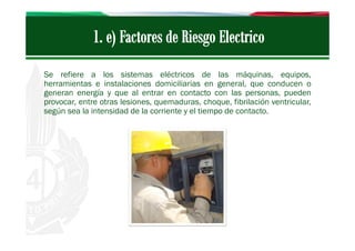 Se refiere a los sistemas eléctricos de las máquinas, equipos,
herramientas e instalaciones domiciliarias en general, que conducen o
generan energía y que al entrar en contacto con las personas, pueden
provocar, entre otras lesiones, quemaduras, choque, fibrilación ventricular,
según sea la intensidad de la corriente y el tiempo de contacto.

 