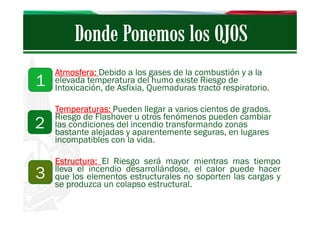 1

Atmosfera: Debido a los gases de la combustión y a la
elevada temperatura del humo existe Riesgo de
Intoxicación, de Asfixia, Quemaduras tracto respiratorio.

2

Temperaturas: Pueden llegar a varios cientos de grados.
Riesgo de Flashover u otros fenómenos pueden cambiar
las condiciones del incendio transformando zonas
bastante alejadas y aparentemente seguras, en lugares
incompatibles con la vida.

3

Estructura:
Estructura: El Riesgo será mayor mientras mas tiempo
lleva el incendio desarrollándose, el calor puede hacer
que los elementos estructurales no soporten las cargas y
se produzca un colapso estructural.

 