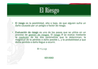 • El riesgo es la posibilidad, alta o baja, de que alguien sufra un
daño causado por un peligro o factor de riesgo.
• Evaluación de riesgo es uno de los pasos que se utiliza en un
proceso de gestión de riesgos. El riesgo R se evalúa mediante
la medición de los dos parámetros que lo determinan, la
magnitud de la pérdida o daño posible L, y la probabilidad p que
dicha pérdida o daño llegue a ocurrir.
R=Lxp

VER VIDEO

 