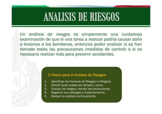 Un análisis de riesgos es simplemente una cuidadosa
examinación de que si una tarea a realizar podría causar daño
o lesiones a los bomberos, entonces poder analizar si se han
tomado todas las precauciones (medidas de control) o si es
necesario realizar más para prevenir accidentes.

5 Pasos para el Análisis de Riesgos:
1.
2.
3.
4.
5.

Identificar los Factores de Riesgos (o Peligros) .
Decidir quien puede ser dañado y como.
Evaluar los riesgos y decidir las precauciones.
Registrar sus hallazgos e implementarlos.
Revisar su análisis continuamente.

 