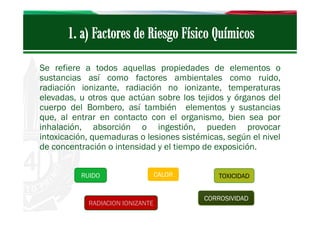 Se refiere a todos aquellas propiedades de elementos o
sustancias así como factores ambientales como ruido,
radiación ionizante, radiación no ionizante, temperaturas
elevadas, u otros que actúan sobre los tejidos y órganos del
cuerpo del Bombero, así también elementos y sustancias
que, al entrar en contacto con el organismo, bien sea por
inhalación, absorción o ingestión, pueden provocar
intoxicación, quemaduras o lesiones sistémicas, según el nivel
de concentración o intensidad y el tiempo de exposición.
RUIDO

RADIACION IONIZANTE

CALOR

TOXICIDAD
CORROSIVIDAD

 