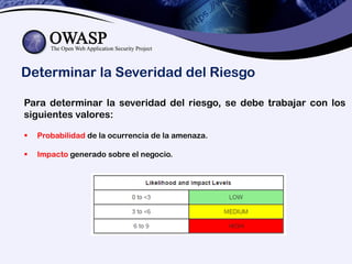 Determinar la Severidad del Riesgo
Para determinar la severidad del riesgo, se debe trabajar con los
siguientes valores:
 Probabilidad de la ocurrencia de la amenaza.
 Impacto generado sobre el negocio.
 