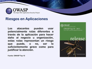 Riesgos en Aplicaciones
Los atacantes pueden usar
potencialmente rutas diferentes a
través de la aplicación para hacer
daño al negocio u organización,
estas rutas representan un riesgo
que puede, o no, ser lo
suficientemente grave como para
justificar la atención.
Fuente: OWASP Top 10
 