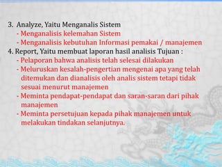 3. Analyze, Yaitu Menganalis Sistem
- Menganalisis kelemahan Sistem
- Menganalisis kebutuhan Informasi pemakai / manajemen
4. Report, Yaitu membuat laporan hasil analisis Tujuan :
- Pelaporan bahwa analisis telah selesai dilakukan
- Meluruskan kesalah-pengertian mengenai apa yang telah
ditemukan dan dianalisis oleh analis sistem tetapi tidak
sesuai menurut manajemen
- Meminta pendapat-pendapat dan saran-saran dari pihak
manajemen
- Meminta persetujuan kepada pihak manajemen untuk
melakukan tindakan selanjutnya.
 