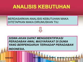 BERDASARKAN ANALISIS KEBUTUHAN MAKA
DITETAPKAN MAKA DIRUMUSKAN TIU:
SISWA AKAN DAPAT MENGIDENTIFIKASI
PERADABAN AWAL MASYARAKAT DI DUNIA
YANG BERPENGARUH TERHADAP PERADABAN
INDONESIA.
10/05/2013 Teknologi Pendidikan UNSRI created by: Feralia Eka Putri
 