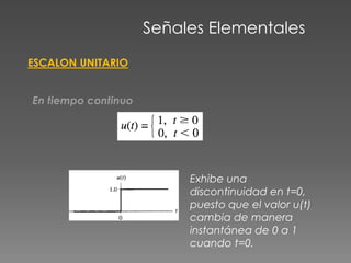 Señales Elementales
ESCALON UNITARIO
En tiempo continuo
Exhibe una
discontinuidad en t=0,
puesto que el valor u(t)
cambia de manera
instantánea de 0 a 1
cuando t=0.
 