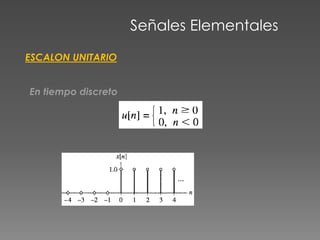 En tiempo discreto
Señales Elementales
ESCALON UNITARIO
 