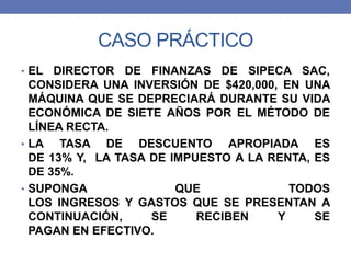 CASO PRÁCTICO
• EL DIRECTOR DE FINANZAS DE SIPECA SAC,
CONSIDERA UNA INVERSIÓN DE $420,000, EN UNA
MÁQUINA QUE SE DEPRECIA...