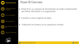 Feature
Power BI Overview
 Power BI es un conjunto de herramientas de análisis empresariales
que ofrece información a su organización.
 Conexión a varios orígenes de datos.
 Publicación en la web y en los dispositivos móviles.
Power BI Overview
Arquitectura Cortana
Intelligence
Servicios Cognitivos
Text Analytics API
Power BI User Group Lima
Text Analytics con Power
BI
Preguntas y Respuestas
 