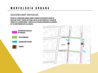 M o r f o l o g í a u r b a n a
A c c e s i b i l i d a d v e h i c u l a r :
Dentro de la morfología Urbana, damos a conocer los diferentes puntos de
acceso que tiene el terreno en estudio, una de las vías principales y con mayor
transito es la avenida moran. Y como calles o accesos secundarios las carreras
23 y 22 como podemos ver en la grafica.
Accesibilidadvehicular
Vía principal
Vías secundarias
Accesibilidadpeatonal
paradas
 