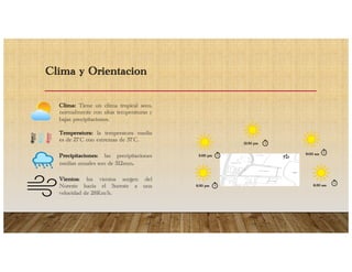 Clima y Orientacion
Clima: Tiene un clima tropical seco,
normalmente con altas temperaturas y
bajas precipitaciones.
Temperatura: la temperatura media
es de 27´C con extremas de 37´C.
Precipitaciones: las precipitaciones
medias anuales son de 512mm.
Vientos: los vientos surgen del
Noreste hacia el Sureste a una
velocidad de 28Km/h.
6:30 pm
3:00 pm
12:30 pm
6:30 am
9:00 am
 