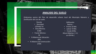 14
ANALISIS DEL SUELO
Ordenanza acerca del Plan de desarrollo urbano local del Municipio Maneiro y
Zonificación del uso de suelo.
Parcela
• Densidad:
125Hab/ ha
• Área Mínima:
4.000
• Frente Mínimo:
36
• % Máximo de Ubicación:
30%
• % Máximo de Construcción:
270%
Edificación
Retiros :
• Frente 10 Mts
• Lateral 8 Mts
• Fondo 8 Mts
Altura Máxima: 1 ½ (
ac+2R+Ra )
 