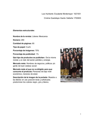 1
Luis Humberto Escalante Montemayor 1621551
Cristina Guadalupe Huerta Saldaña 1793605
Elementos estructurales
Nombre de la revista: Líderes Mexicanos
Número: 280
Cantidad de páginas: 80
Tipo de papel: Cuchi
Porcentaje de imágenes: 70%
Porcentaje de publicidad: 1%
Qué tipo de productos se publicitan: De la misma
revista y un club del sector petróleo y energía.
Mercado meta: Hombres de negocios, políticos y/o
gente de buen estatus social
Mercado meta al que no va dirigido pero que
consume el producto: Personas de bajo nivel
económico, menores de edad.
Descripción de la imagen de la portada: Muestra a
los líderes en una posición recta y sofisticada;
predominan los colores negro, gris y blanco.
 