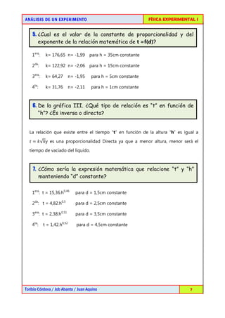 AN Á LISIS DE UN EXPERIMENTO                                     FÍSICA EXPERIMENTAL I


    5. ¿Cual es el valor de la constante de proporcionalidad y del
       exponente de la relación matemática de t =f(d)?

    1era:    k= 176,65 n= -1,99 para h = 35cm constante

    2da:     k= 122,92 n= -2,06 para h = 15cm constante

    3era:    k= 64,27        n= -1,95   para h = 5cm constante

    4ta:     k= 31,76        n= -2,11   para h = 1cm constante



    6. De la gráfica III. ¿Qué tipo de relación es “t” en función de
       “h”? ¿Es inversa o directa?


  La relación que existe entre el tiempo “t” en función de la altura “h” es igual a

  ‫√݇ = ݐ‬ℎy es una proporcionalidad Directa ya que a menor altura, menor será el

  tiempo de vaciado del liquido.



    7. ¿Cómo sería la expresión matemática que relacione “t” y “h”
       manteniendo “d” constante?

    1era: t = 15,36.h0,46       para d = 1,5cm constante

    2da: t = 4,82.h0,5          para d = 2,5cm constante

    3era: t = 2,38.h0,51        para d = 3,5cm constante

    4ta:    t = 1,42.h0,52       para d = 4,5cm constante




Toribio Córdova / Job Abanto / Juan Aquino                                        7
 