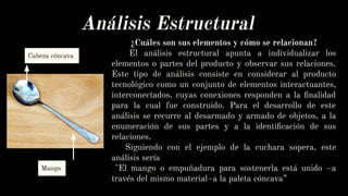 Análisis Estructural
¿Cuáles son sus elementos y cómo se relacionan?
El análisis estructural apunta a individualizar los
elementos o partes del producto y observar sus relaciones.
Este tipo de análisis consiste en considerar al producto
tecnológico como un conjunto de elementos interactuantes,
interconectados, cuyas conexiones responden a la ﬁnalidad
para la cual fue construido. Para el desarrollo de este
análisis se recurre al desarmado y armado de objetos, a la
enumeración de sus partes y a la identiﬁcación de sus
relaciones.
Siguiendo con el ejemplo de la cuchara sopera, este
análisis sería
"El mango o empuñadura para sostenerla está unido –a
través del mismo material–a la paleta cóncava”
Cabeza cóncava
Mango
 