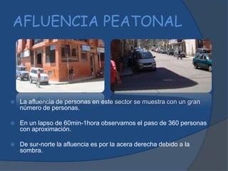 AFLUENCIA VEHICULAREn un lapso de 60min-1hora este sector cuenta aproximadamente con la circulación de 408 vehículos.La calle principal Sucre cuenta con 2 carriles de estacionamiento.En el día, en la mayoría todos se encuentran ocupados dejando vacíos dos lugares que son reservados por ser garaje.