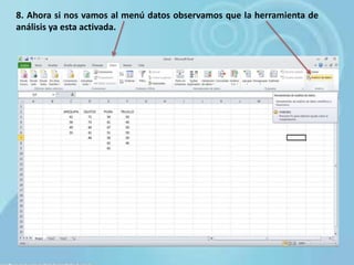 8. Ahora si nos vamos al menú datos observamos que la herramienta de
análisis ya esta activada.
 