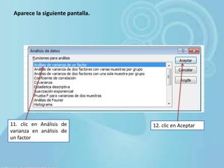 Aparece la siguiente pantalla.
11. clic en Análisis de
varianza en análisis de
un factor
12. clic en Aceptar
 