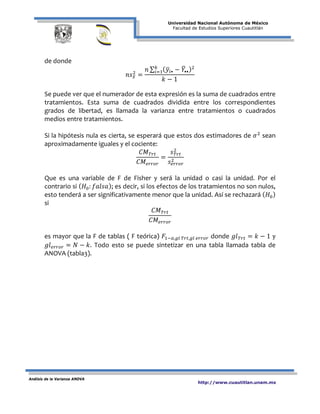 Universidad Nacional Autónoma de México
Facultad de Estudios Superiores Cuautitlán
Análisis de la Varianza ANOVA
http://www.cuautitlan.unam.mx
de donde
𝑛𝑠 𝑥̅
2
=
𝑛 ∑ ( 𝑦�𝑖• − 𝑌�••)2𝑘
𝑖=1
𝑘 − 1
Se puede ver que el numerador de esta expresión es la suma de cuadrados entre
tratamientos. Esta suma de cuadrados dividida entre los correspondientes
grados de libertad, es llamada la varianza entre tratamientos o cuadrados
medios entre tratamientos.
Si la hipótesis nula es cierta, se esperará que estos dos estimadores de 𝜎2
sean
aproximadamente iguales y el cociente:
𝐶𝑀 𝑇𝑟𝑡
𝐶𝑀𝑒𝑟𝑟𝑜𝑟
=
𝑠 𝑇𝑟𝑡
2
𝑠𝑒𝑟𝑟𝑜𝑟
2
Que es una variable de F de Fisher y será la unidad o casi la unidad. Por el
contrario si ( 𝐻0: 𝑓𝑎𝑙𝑠𝑎); es decir, si los efectos de los tratamientos no son nulos,
esto tenderá a ser significativamente menor que la unidad. Así se rechazará ( 𝐻0)
si
𝐶𝑀 𝑇𝑟𝑡
𝐶𝑀𝑒𝑟𝑟𝑜𝑟
es mayor que la F de tablas ( F teórica) 𝐹1−𝛼,𝑔𝑙 𝑇𝑟𝑡,𝑔𝑙 𝑒𝑟𝑟𝑜𝑟 donde 𝑔𝑙 𝑇𝑟𝑡 = 𝑘 − 1 y
𝑔𝑙 𝑒𝑟𝑟𝑜𝑟 = 𝑁 − 𝑘. Todo esto se puede sintetizar en una tabla llamada tabla de
ANOVA (tabla3).
 