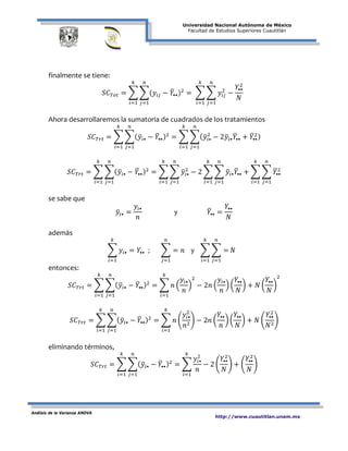 Universidad Nacional Autónoma de México
Facultad de Estudios Superiores Cuautitlán
Análisis de la Varianza ANOVA
http://www.cuautitlan.unam.mx
finalmente se tiene:
𝑆𝐶 𝑇𝑜𝑡 = � �(𝑦𝑖𝑗 − 𝑌�••)2
𝑛
𝑗=1
𝑘
𝑖=1
= � � 𝑦𝑖𝑗
2
−
𝑌••
2
𝑁
𝑛
𝑗=1
𝑘
𝑖=1
Ahora desarrollaremos la sumatoria de cuadrados de los tratamientos
𝑆𝐶 𝑇𝑟𝑡 = � �( 𝑦�𝑖• − 𝑌�••)2
𝑛
𝑗=1
𝑘
𝑖=1
= � �( 𝑦�𝑖•
2
− 2𝑦�𝑖• 𝑌�•• + 𝑌�••
2)
𝑛
𝑗=1
𝑘
𝑖=1
𝑆𝐶 𝑇𝑟𝑡 = � �( 𝑦�𝑖• − 𝑌�••)2
𝑛
𝑗=1
𝑘
𝑖=1
= � � 𝑦�𝑖•
2
𝑛
𝑗=1
𝑘
𝑖=1
− 2 � � 𝑦�𝑖• 𝑌�••
𝑛
𝑗=1
𝑘
𝑖=1
+ � � 𝑌�••
2
𝑛
𝑗=1
𝑘
𝑖=1
se sabe que
𝑦�𝑖• =
𝑦𝑖•
𝑛
y 𝑌�•• =
𝑌••
𝑁
además
� 𝑦𝑖•
𝑘
𝑖=1
= 𝑌•• ; � = 𝑛
𝑛
𝑗=1
y � � =
𝑛
𝑗=1
𝑁
𝑘
𝑖=1
entonces:
𝑆𝐶 𝑇𝑟𝑡 = � �( 𝑦�𝑖• − 𝑌�••)2
𝑛
𝑗=1
𝑘
𝑖=1
= � 𝑛 �
𝑦𝑖•
𝑛
�
2
𝑘
𝑖=1
− 2𝑛 �
𝑦𝑖•
𝑛
� �
𝑌••
𝑁
� + 𝑁 �
𝑌••
𝑁
�
2
𝑆𝐶 𝑇𝑟𝑡 = � �( 𝑦�𝑖• − 𝑌�••)2
𝑛
𝑗=1
𝑘
𝑖=1
= � 𝑛 �
𝑦𝑖•
2
𝑛2
�
𝑘
𝑖=1
− 2𝑛 �
𝑌••
𝑛
� �
𝑌••
𝑁
� + 𝑁 �
𝑌••
2
𝑁2
�
eliminando términos,
𝑆𝐶 𝑇𝑟𝑡 = � �( 𝑦�𝑖• − 𝑌�••)2
𝑛
𝑗=1
𝑘
𝑖=1
= �
𝑦𝑖•
2
𝑛
𝑘
𝑖=1
− 2 �
𝑌••
2
𝑁
� + �
𝑌••
2
𝑁
�
 
