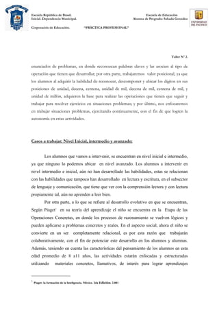 Escuela República de Brasil.                                                      Escuela de Educación
Inicial. Dependencia Municipal.                                           Alumna de Pregrado: Sahada González

Corporación de Educación.                  “PRÀCTICA PROFESIONAL”




                                                                                                  Taller Nº 2.

enunciados de problemas, en donde reconozcan palabras claves y las asocien al tipo de
operación que tienen que desarrollar; por otra parte, trabajaremos valor posicional, ya que
los alumnos al adquirir la habilidad de reconocer, descomponer y ubicar los dígitos en sus
posiciones de unidad, decena, centena, unidad de mil, decena de mil, centena de mil, y
unidad de millón, adquieren la base para realizar las operaciones que tienen que seguir y
trabajar para resolver ejercicios en situaciones problemas; y por último, nos enfocaremos
en trabajar situaciones problemas, ejercitando continuamente, con el fin de que logren la
autonomía en estas actividades.




Casos a trabajar: Nivel Inicial, intermedio y avanzado:


            Los alumnos que vamos a intervenir, se encuentran en nivel inicial e intermedio,
ya que ninguno lo podemos ubicar en nivel avanzado. Los alumnos a intervenir en
nivel intermedio e inicial, aún no han desarrollado las habilidades, estas se relacionan
con las habilidades que tampoco han desarrollado en lectura y escritura, en el subsector
de lenguaje y comunicación, que tiene que ver con la comprensión lectora y con lectura
propiamente tal, aún no aprenden a leer bien.
            Por otra parte, a lo que se refiere al desarrollo evolutivo en que se encuentran,
Según Piaget1 en su teoría del aprendizaje el niño se encuentra en la Etapa de las
Operaciones Concretas, en donde los procesos de razonamiento se vuelven lógicos y
pueden aplicarse a problemas concretos y reales. En el aspecto social, ahora el niño se
convierte en un ser                completamente relacional, es por esta razón que               trabajarán
colaborativamente, con el fin de potenciar este desarrollo en los alumnos y alumnas.
Además, teniendo en cuenta las características del pensamiento de los alumnos en esta
edad promedio de 8 a11 años, las actividades estarán enfocadas y estructuradas
utilizando          materiales concretos, llamativos, de interés para lograr aprendizajes


1
    Piaget: la formación de la Inteligencia. México. 2da Edición. 2.001
 
