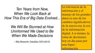 La relevancia de la
información y el
manejo de los grandes
datos es uno de los
cambios significativos
de la nueva era: la era
de la información
digital. A si mismo, la
toma de decisiones
hoy en día pasa por
una hiper-
información
 