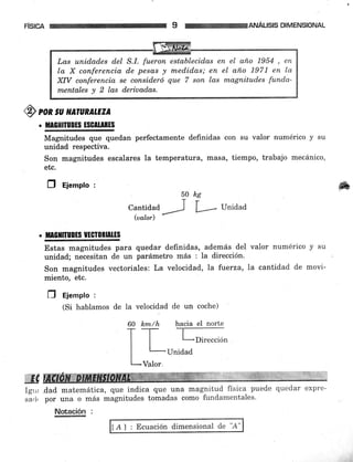 Las unidades del S.I. fueron establecidas en el año 1954 , en
la X conferencia de pesas y medidas; en el año 1971 en la
XIV conferencia se consideró que 7 son las magnitudes funda-
mentales y 2 las deriuadas.
FiSICA 9 WANÁLISISDIMENSIoNAL
valor numérico y su
la cantidad de movi-
[A] : Ecuación dimensional de 'A"
@ron suNAruRALEzA
.WlI§
Magnitudes que quedan perfectamente definidas con su valor numérico y su
unidad respectiva.
Son magnitudes escalares la temperatura, masa, tiempo, trabajo mecánico,
etc.
Ú EfemPIo t
uo u,
Tr
Cantidad I I Unidad
(ualor)
.W
Estas magnitudes para quedar definidas, además del
unidad; necesitan de un parámetro más : la dirección.
Son magnitudes vectoriales: La velocidad, la fuerza,
miento, etc.
lf Ejemplo :
(Si hablamos de Ia velocidad de un coche)
6O hm/h hacia el norte
-T-
I I ' Dirección
Lrrruud
Valor
Igrir .dad matemática, que indica que una magnitud física puede quedar expre-
sá,t, por una o más magnitudes tomadas como fundamentales'
*
Notación :
 