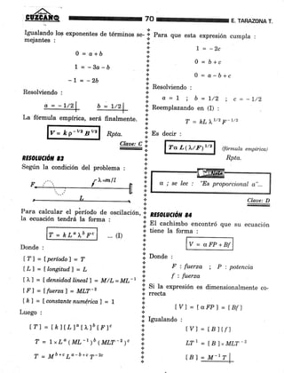 ,oñ;-
Igualando los exponentes de términos ,"- lil pu"" que esta expresión cumpla :
mejantes : ];.
* 1 = _2c
0 = a+b :;
.' 0 = b+c
L = _Ba_b i:
.l 0 = a_b+c
-L = -2b :i
Resolviendo , .l Resolviendo :
b = 7/21
€. a=1 ; b=7/2; c=_l/2
.f Reemplazando en (I) :
í f = hL )"7/2 F*7/2
.:.
+ Es decir :
La fórmula empírica, será fi.nalmente.
V=kp-vzBvz Rpta.
7A TARAZONA T.
Claue: C i
-+
Ta L()"/F)r/2 (fórnrula em.pírica)
Rpta.RESOLUC/iOI 83
Segrin la condición del problema :
.:.
+
{.
a
+
a
.:.
.:.
a
*.t
Claue: D
Para calcular eJ pórÍo^do de oscilación, lil REsOLUCrcil S4
la ecuación tendrá la forma : li: -.
T=kL")"bF"
if El cachimbo encontró que su ecuación
+ tiene la forma :
... (D ..1
a
*Donde : ;:
+
[?]=fperíod,o)=T oDonde:
*
lL)=[tongitud,)=L oi F:fuerza ; P:potencia
l)") = Ld.ensidad,tincall = M/L=ML-I i f : fuerza
LT-2 i l;l?.*nresión
es dimensionalmente có-
tál = ¡ constantenumérica] = I i:
Luego:
¡' [Y]=taFPl={Bfl
l.
*. Igualando :
l.Tl=lkltLl,trlblrl" ::: rvl=[B)rf]
T = lxLd(ML-,)¿(MLT-2)"
I
T = ¡¡b+c ;a-b+c 7-2c i:
V = s"FP+Bf
a = -1/2
¡),=m/l
LT1 = lB)"MLT-2
lB I = M-l7
 